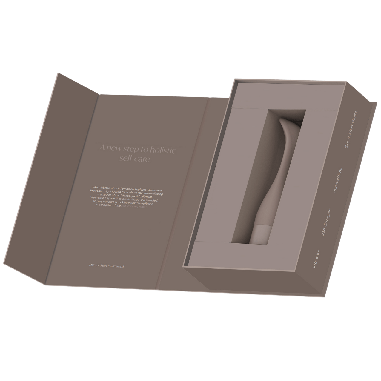 Folia - Naago. Discreet branded box for curved external vibrator with minimalist design and premium presentation