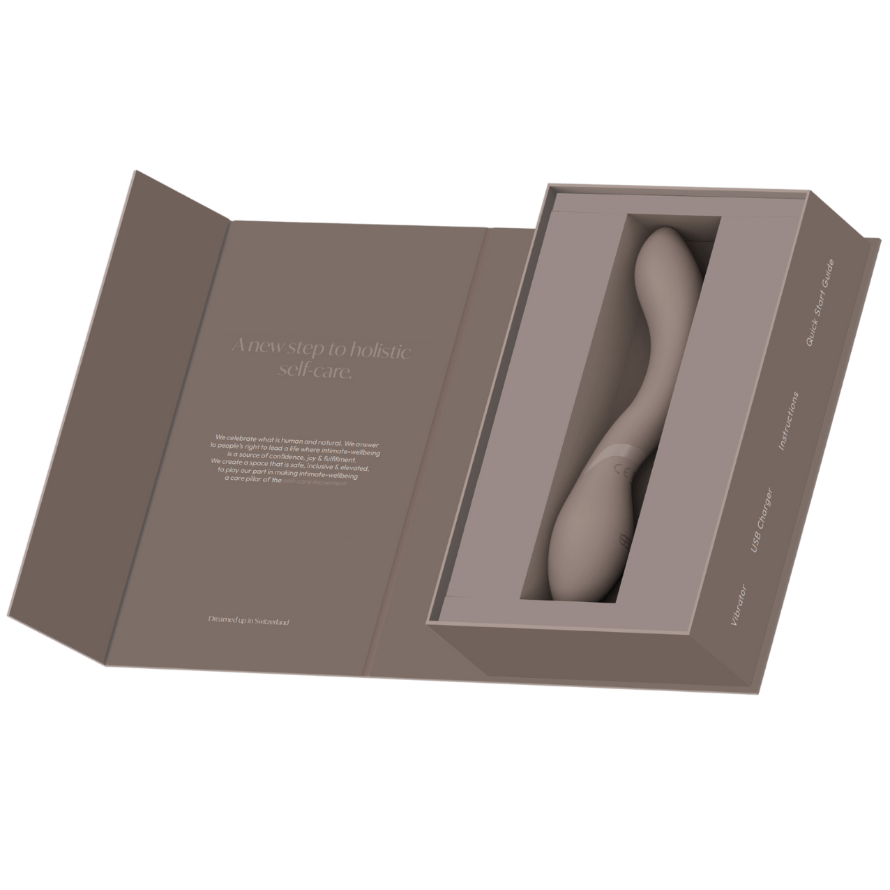 Nubia - Naago. Discreet box packaging for sculpted G-spot vibrator, presented with minimalist, premium design