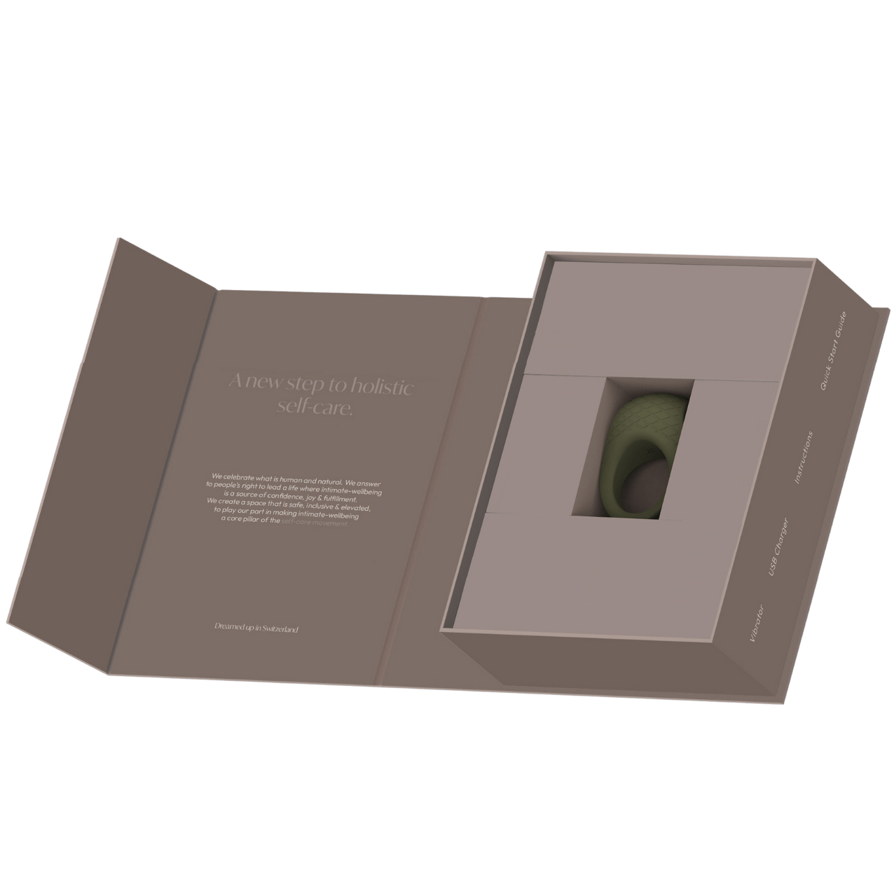 Terra - Naago. Discreet box packaging for Terra vibrating ring, presented with premium branding and minimalist style