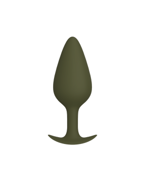 Noce - Naago. Smooth olive-toned anal plug vibrator with flared base shown upright for safe internal pleasure