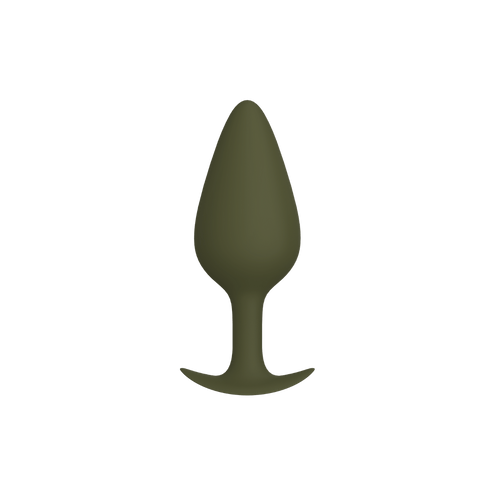 Noce - Naago. Smooth olive-toned anal plug vibrator with flared base shown upright for safe internal pleasure