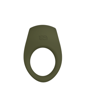 Terra - Naago. Olive-toned vibrating ring with soft silicone finish shown upright for partnered pleasure and stimulation