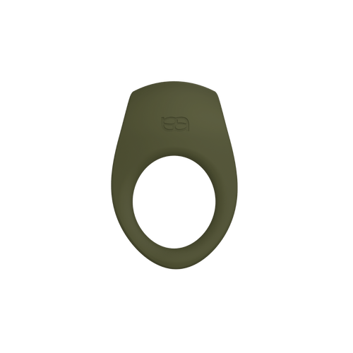 Terra - Naago. Olive-toned vibrating ring with soft silicone finish shown upright for partnered pleasure and stimulation